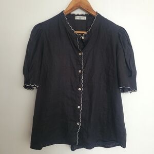 Lanhtropy Linen Blouse Top Scallop Hem Button Down Size M Puff Short Sleeves